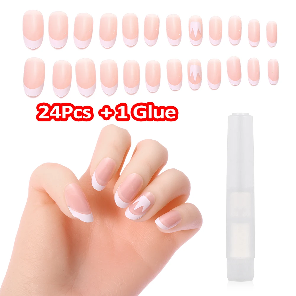 About24Pcs розовые блестящие поддельные ногти искусство естественный классический