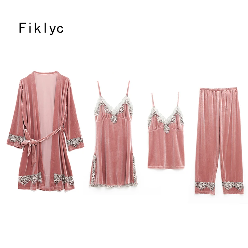 Fiklyc нижнее белье зимние бархатные четыре штуки женские сексуальные женские пижамы с длинными рукавами наборы мягкий Бюст пижамы элегантный стиль
