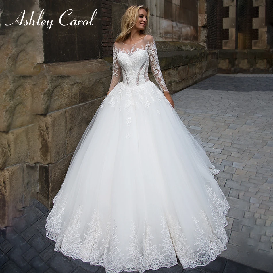 

Ashley Carol Illusion Long Sleeves Wedding Dress 2020 Lace Appliques Full Bridal Dress Princess Wedding Gowns Vestido De Noiva