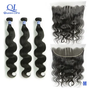 

Queenlife 3/4 Bundles Deal Body Wave Bundles with Frontal 13x4 lace frontal Remy Brazilian Human Hair Bundles for black woman