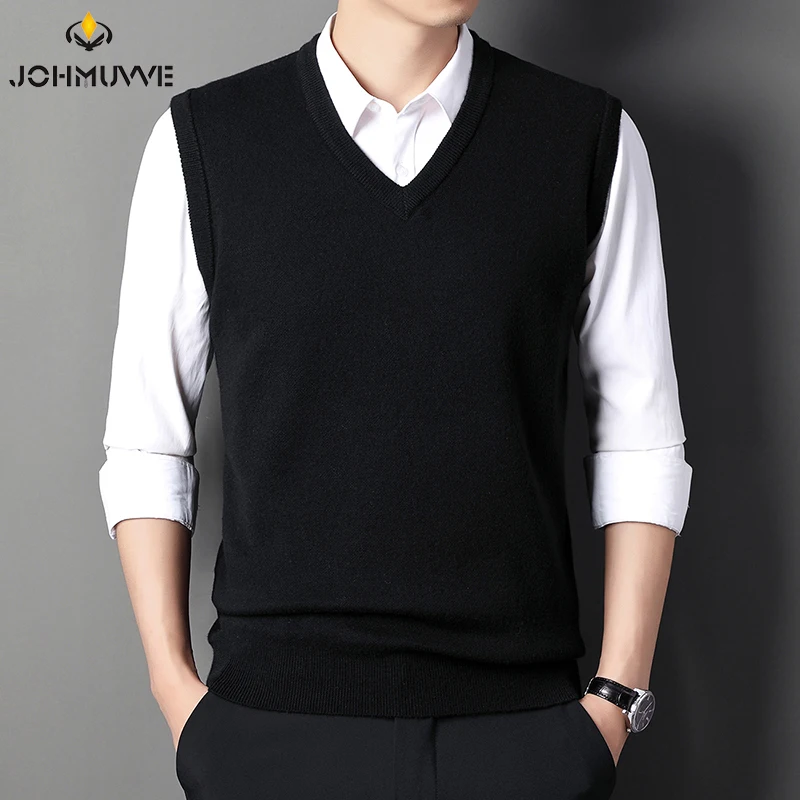 JOHMUVVE Men V-neck Vest Trend Retro Solid Color All-match Casual Business Work Woolen Knit Autumn men sweater vests mens knitted vest