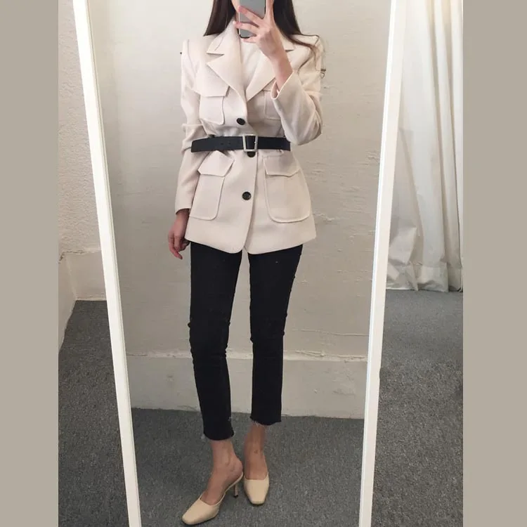 beige Осенние женские повседневные блейзеры блейзер feminino однобортный ремень шикарные тонкие пальто куртки бежевый черный jc3394 - Цвет: beige