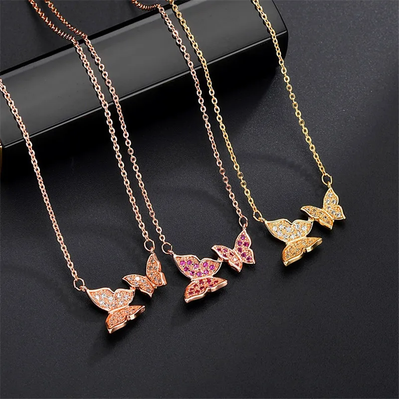 

Female Ladies Butterfly Pendants Necklace Cute Yellow Rose Gold Wedding Necklace Elegant Party Chain Necklaces For Women