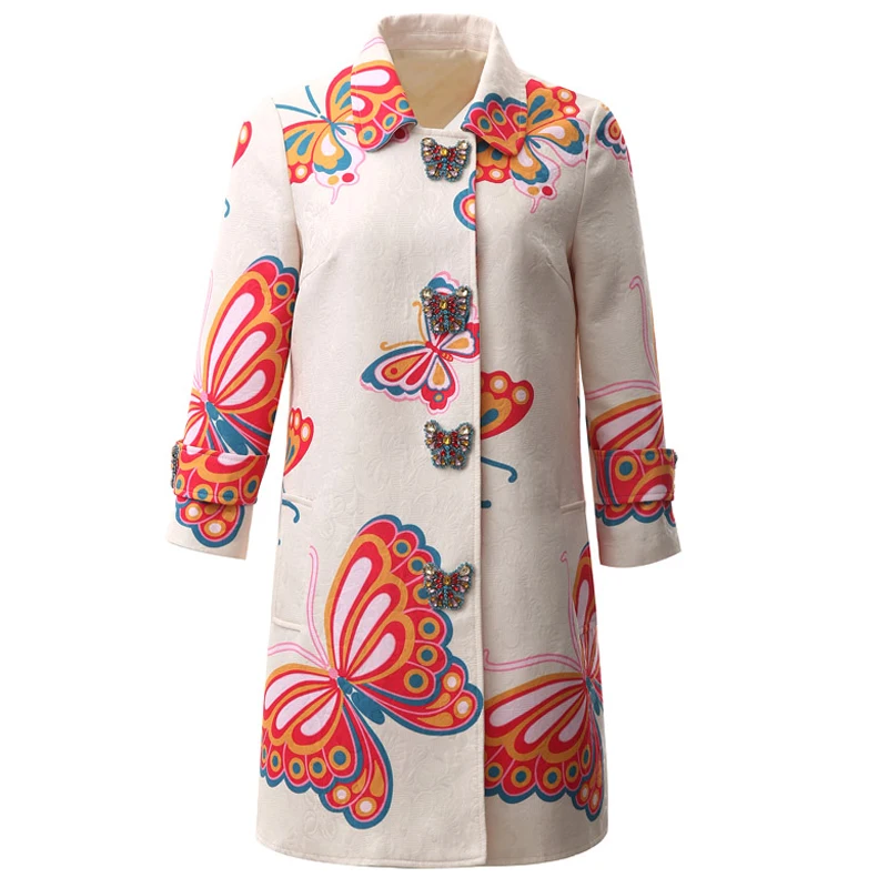 

Red RoosaRosee Designer Butterfly Diamond Buttons Print 3/4 Sleeve Women Autumn Coat Party New Outwear Overcoat Female No Dress
