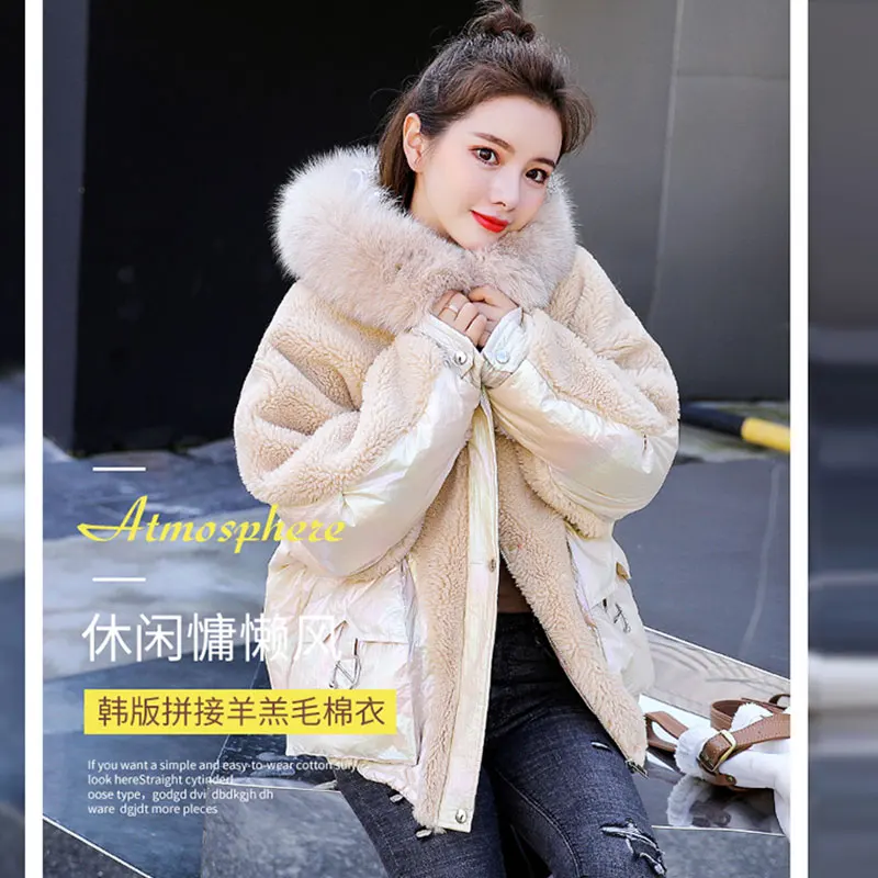Beige Корейское стеганое зимнее пальто из овечьей шерсти для женщин с капюшоном большой меховой воротник яркая куртка женская большой размер модная теплая куртка 2 - Цвет: Beige