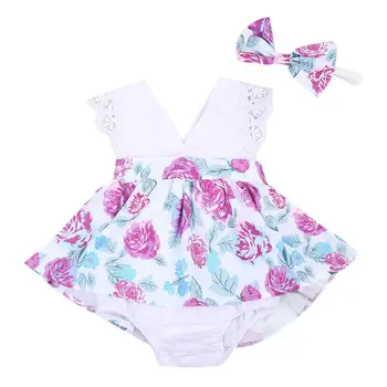 

Infant Baby Kids Girls Sisters Outfits Princess Lace Flower Printed Romper Dress + Headband Clothes 2PCS Sets