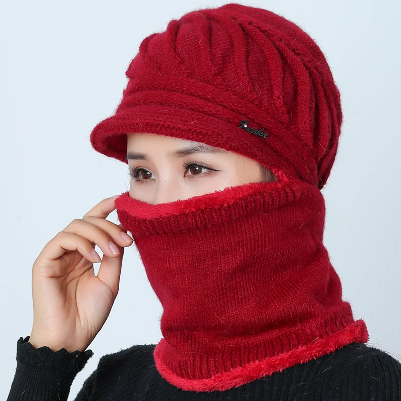 

Set Knitted Wool Beanie Scarf Hat Women Winter Scarf Skullies Beanies Hats For Rabbit Hair Stripe Caps Gorras Bonnet Mask