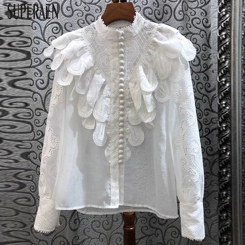

SuperAen Fashion Embroidered Stand Collar Lace White Shirt Women 2020 Early Spring New Long Sleeve Blouses and Tops Female