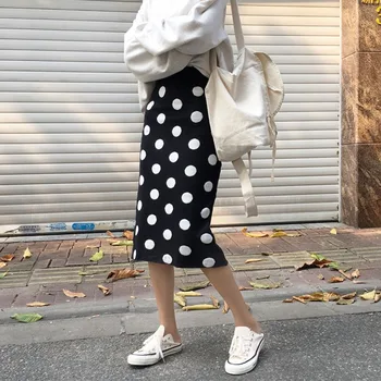 

Ladies Mid-Calf Skirt Autumn Wave Point Pencil Skirt Women High Waist Knitted Skirts
