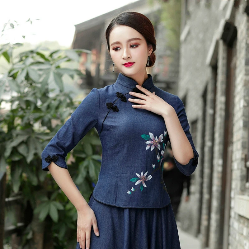 Coco Tops de mezclilla de estilo chino para mujer, blusa de flores pintadas a mano, camisa de vaquero azul Cheongsam de siete mangas|Parte - AliExpress