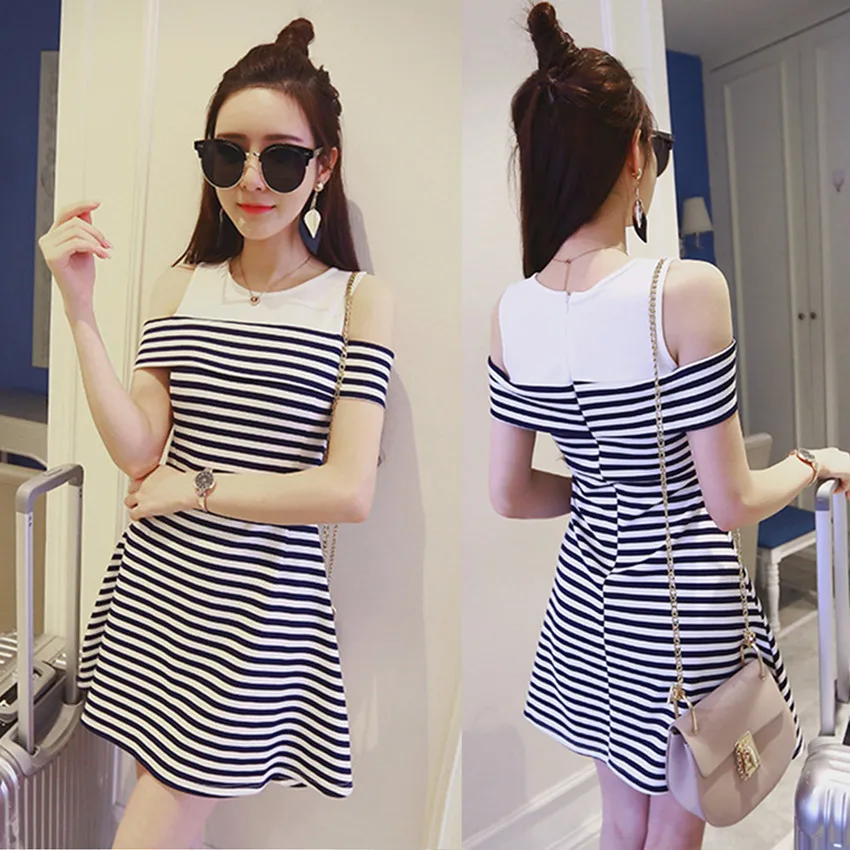 

2018 Korean-style Joint off-Shoulder Stripes Waist Hugging Slimming Every Day Special Hot Selling Dongdaemun Summer Wear Dress