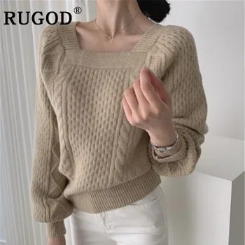 

RUGOD Elegant women sweater Vintage solid square collar twisted knitted women sweaters Fashion long sleeve winter warm pullovers