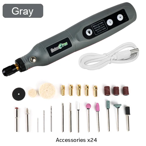 USB Mini Cordless Drill Pen Rechargeable Wireless Engraving Pen With LED Rotary Tool Dremel Electric Drill Grinding Accessories Gray24PCS