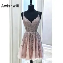 New Arrival Spaghetti Strap V Neck Short Homecoming Dress Beaded Lace Tulle A-line Short Formal Prom Dresses Vestidos Cortos