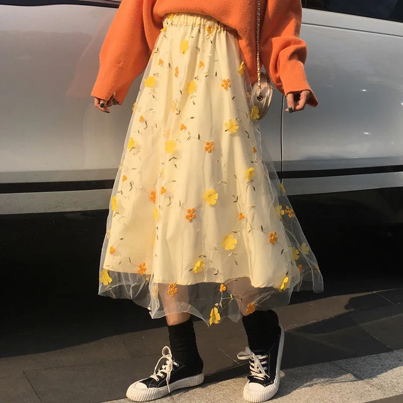 

3D Flower Lace Skirt Women High Waist Mesh Long Skirt Female elegant Midi tulle skirt Sweet Cute Student School Wear saia Yellow