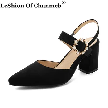 

Small Size 33 Women Sandals Shoes Woman Pearls Shoes Thick High Heels Buckle Strap Close Toe Summer Sandals Ladies Large Size 48