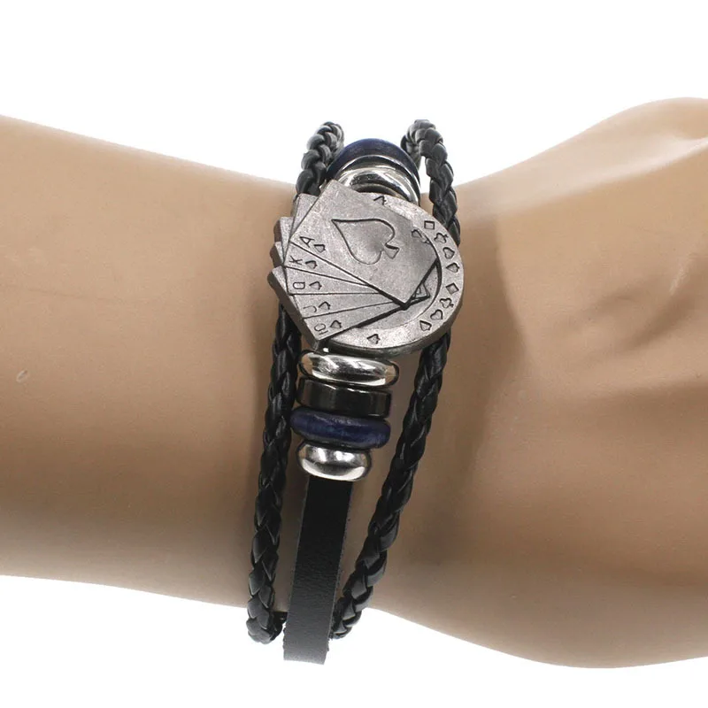 

2 PCS Female Playing Card Lucky Poker Ace Retro Black Leather Bracelet Charm Multi-layer Woven Ladies Men Retro Jewelry
