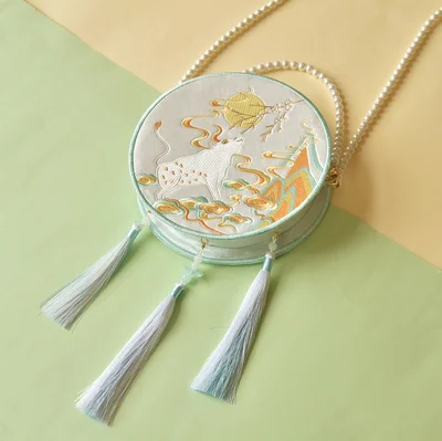 Angelatracy Hanfu Chinese Tiger Dragon Embroidery Tassel Rabbit Sheep Snake Horse Mouse Cow Monkey Pig Shoulder Circular Bags