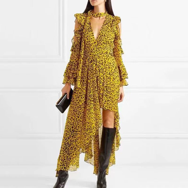 

Summer Fashion Leopard Female Dresses for Women Off Shoulder Flare Sleeve Asymmetric Hem Backless Ruffles Dress Vintage Clothes