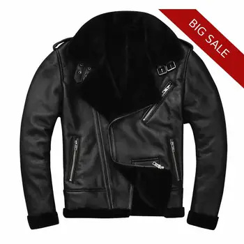 

2020 Black Men American Style Motorcycle Shearling Jacket Plus Size 4XL Genuine Sheepskin Winter Slim Fit Biker's Shearling Coat