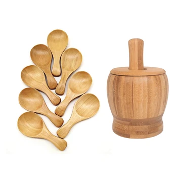 

2Set Kitchen Tools: 1 Set 8Pcs Small Salt Spoon Solid Wood Condiments Spoon & 1 Set Pestle Grinding Bowl Set Garlic Pot