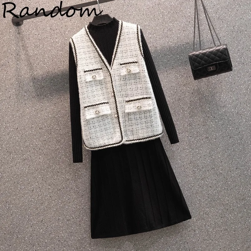 

Женский винтажный твидовый костюм, жаккардовый жакет, топ без рукавов и вязаное платье, комплект из двух предметов, элегантная одежда для офиса, большие размеры