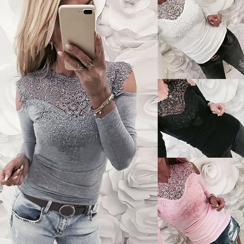 Women Autumn Sexy Solid Lace Cold Shoulder T-shirt Long Sleeve Slim New Fashion Grace Female Tops Hot Sale