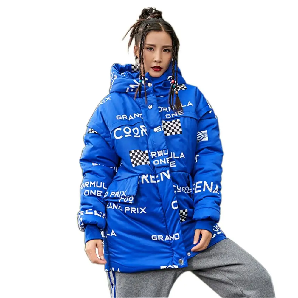 

Women Winter Hooded Coat Street Style Woman Formula Racing Plaid Letter Print Parkas Warm Sport Padded Jacket Big Size Overcoat