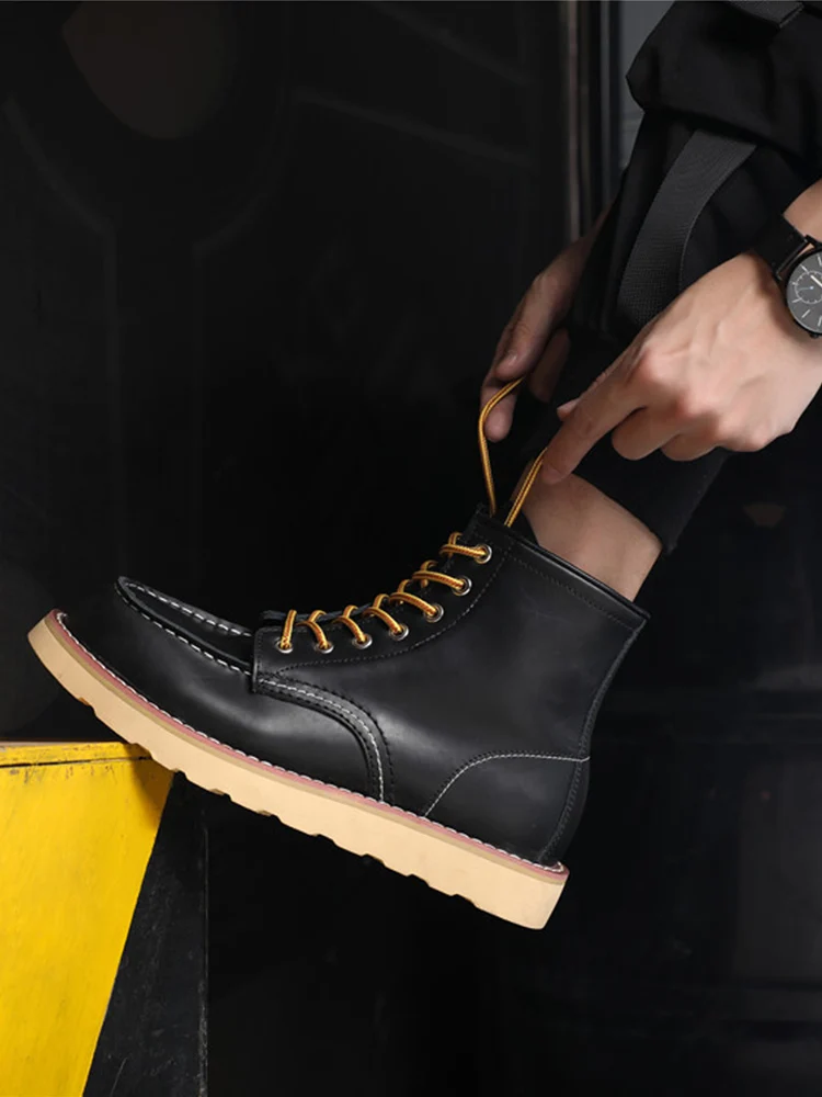 ZFTL Men Ankle Cow Leather Vintage Motorcycle Chelsea Boots Tooling Boots Winter Cotton Casual Retro Lace up Brown Leather boots Mens leather boots Motorcycle leather boots