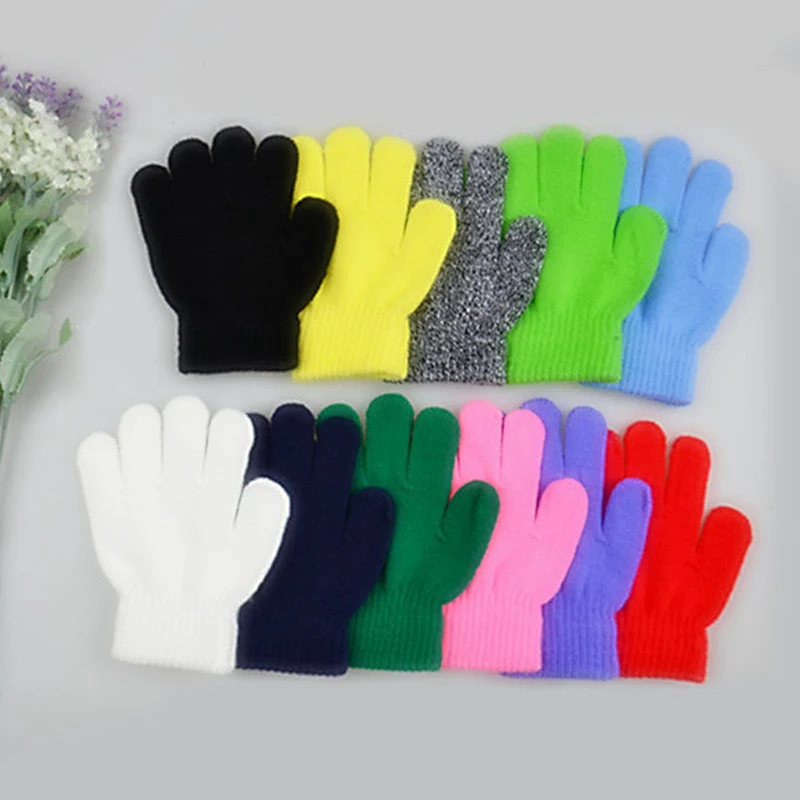 Зимние теплые детские перчатки, детские вязаные эластичные варежки, Детские однотонные женские перчатки, вязаные перчатки для девочек и мальчиков