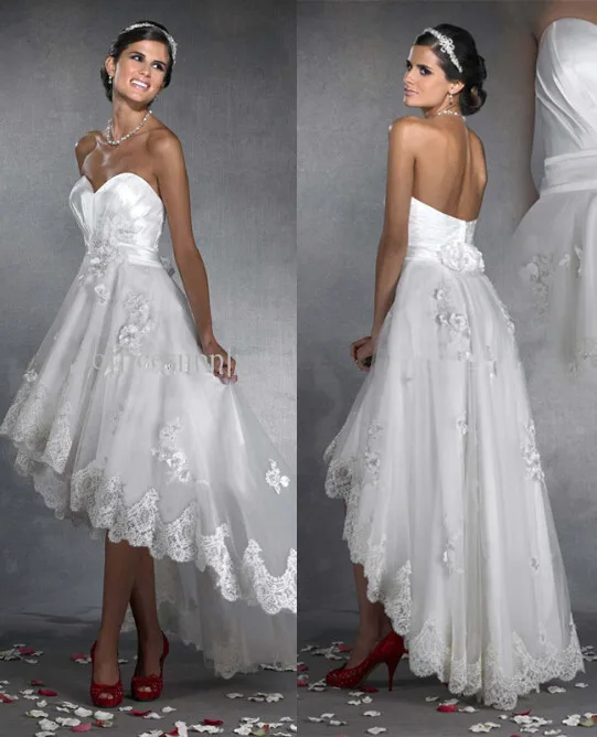 2016 Trouwjurk Sweetheart Custom Made Mouwloze Bruidsjurken Wit Kant Applicaties Backless Vintage Hi lo Trouwjurken 2016 Trouwjurk Sweetheart Custom Made Mouwloze Bruidsjurken Wit Kant Applicaties Backless Vintage Hi lo Trouwjurken