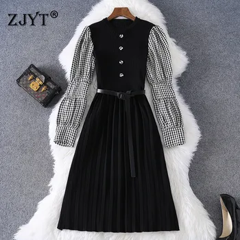 

Lady Elegant Vestidos Women 2020 New Fashion Autumn Winter Long Sleeve Plaid Patchwork Casual Knitted Sweater Dress