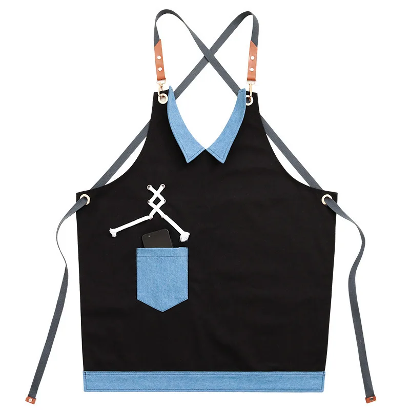

Canvas Patchwork Women Apron For Kitchen Accessories House Cleaning Bibs Shop Cooking Baking Pocket Coffee Pinafore With Collar