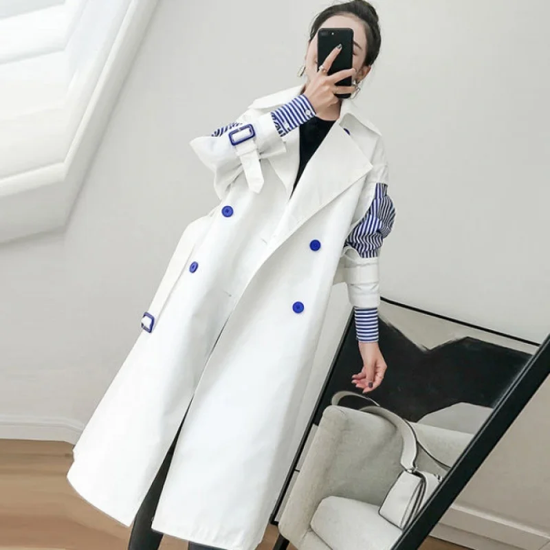

Striped Trench Coat Women Windbreaker Lapel Slim Spring Autumn Striped Patchwork Windbreakers Coat Streetwear Clothes