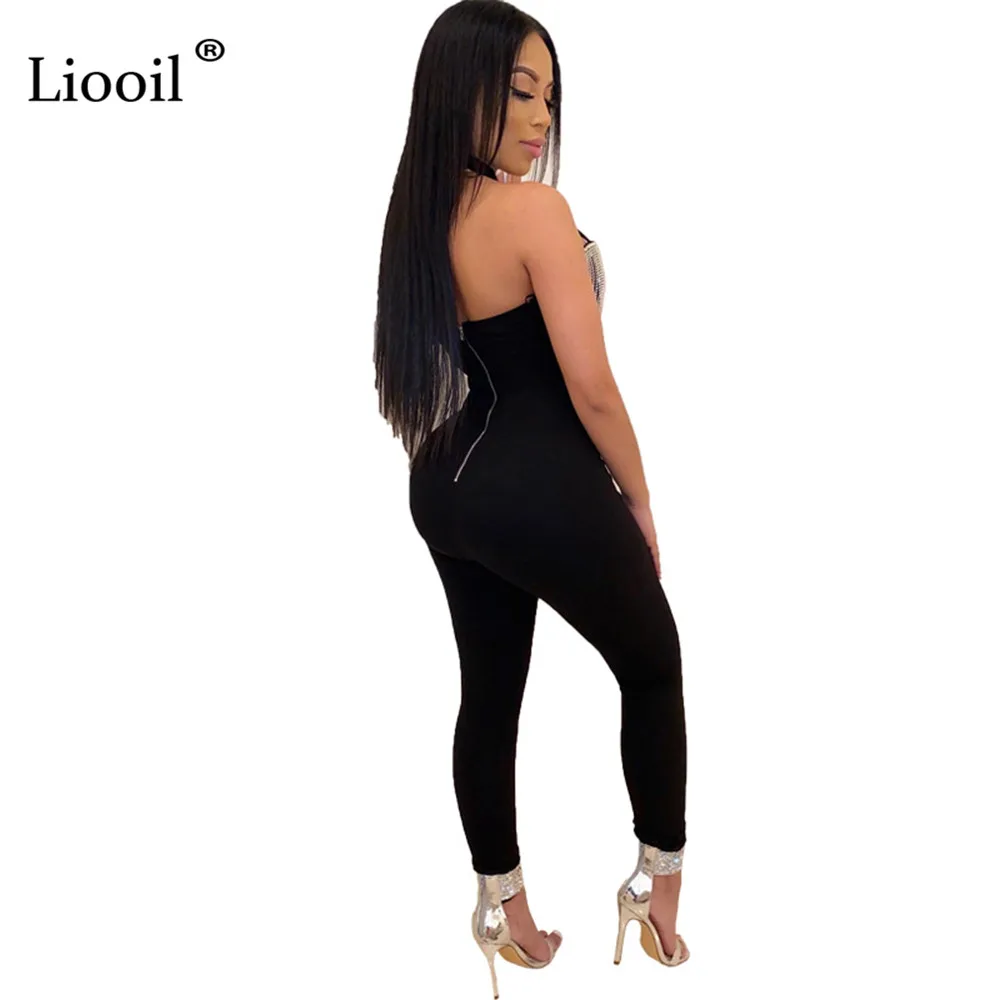 Tanie Liooil czarny z kryształu górskiego frędzle Fringe halter kombinezon Bodycon Sexy kostiumy V Neck Backless do klubu na imprezę pajacyki kombinezon damski
