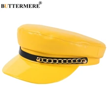BUTTERMERE Женская Кепка Капитана Желтая Женская из искусственной кожи Кепка в военном стиле цепь украшение корейская мода дамы моряк Шляпа
