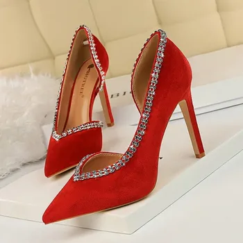 

BIGTREE Rhinestone Red Heels Evening Shoe Blue Black Pumps Dress Shoes Womens New Arrival 2020 Buty Pumps Shoes Big Size 6678-A1