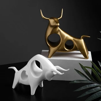 

Creative White Black Gold Cattle Statue Ox Living Room Sculpture Ornament Crafts Abstract Animal Figurine Home Decor Accessories