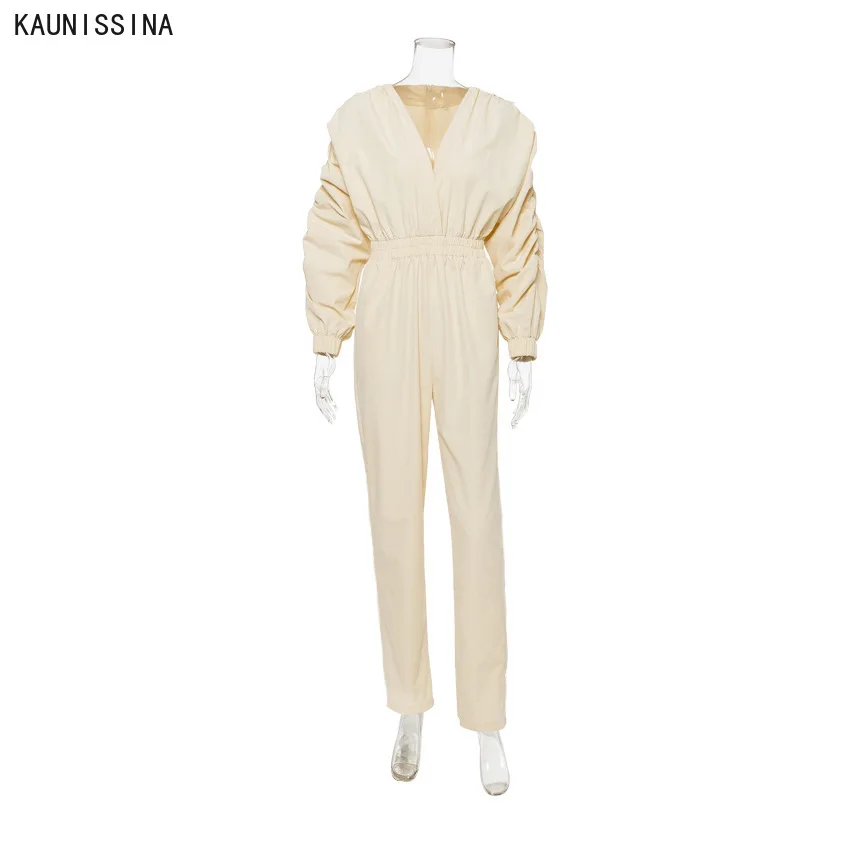 

Safari Style Jumpsuits Full Length Loose Solid Pockets Elastic Waist New Spring Autumn Women Solid Jumpsuit Streatwear Overalls