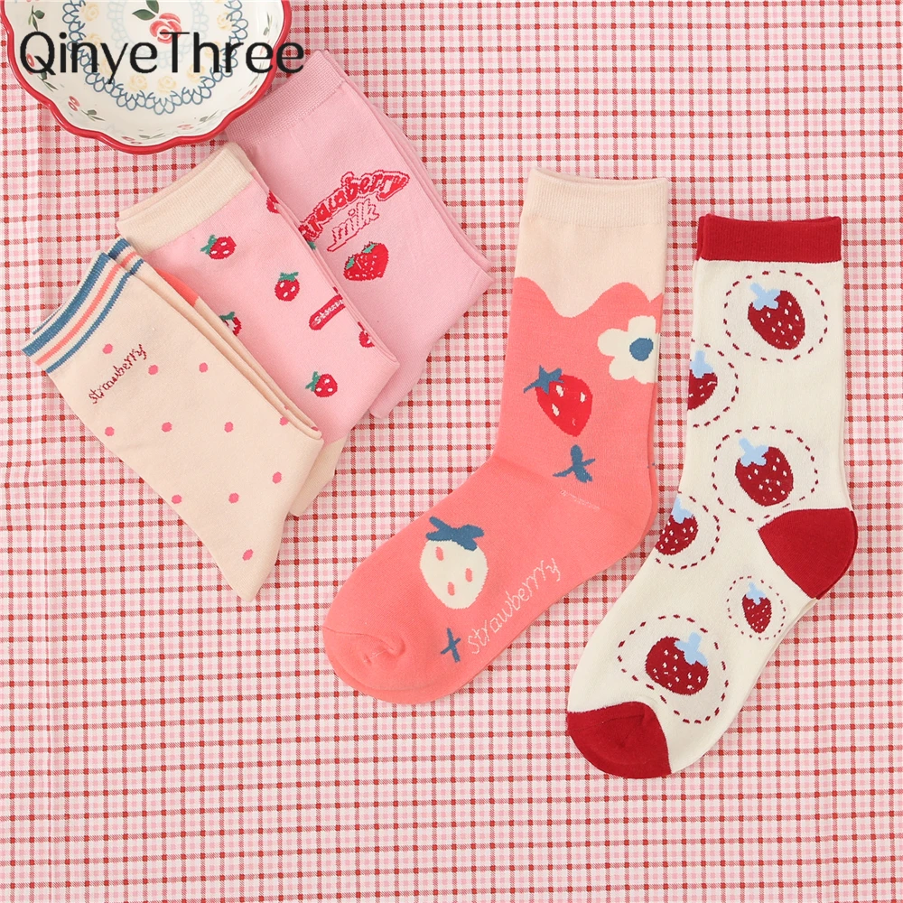 Женские милые носки-трубы средней высоты с рисунком фруктов и клубники, милые носки для молодых девушек в школьном стиле
