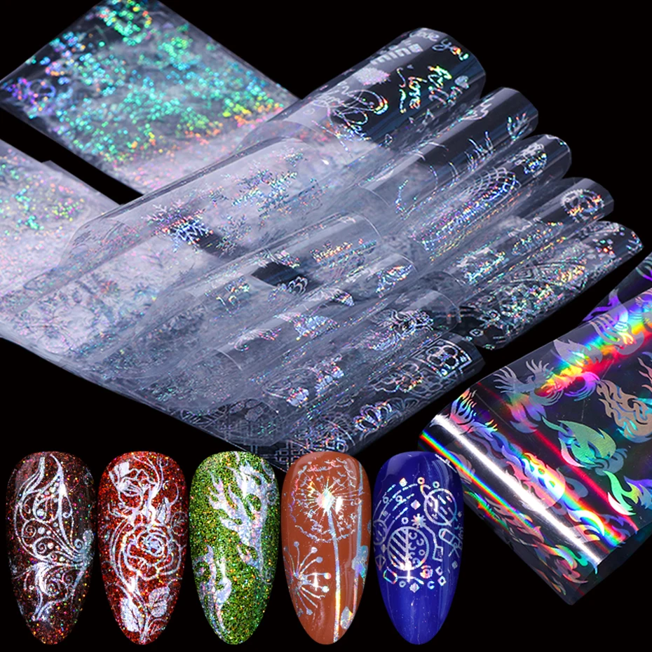 10 шт голографические кружевные цветочные наклейки из фольги для ногтей лазерное пламя Одуванчик панда передача звездное небо слайдер Маникюр SA9018-XK91030