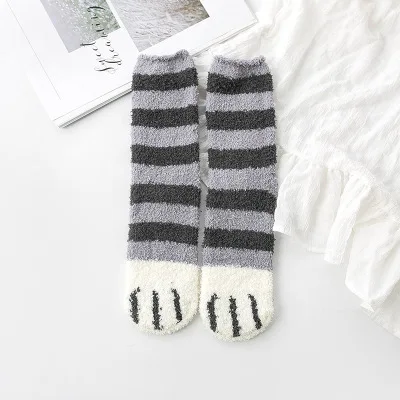 1 пара, мягкие флисовые теплые носки с кошачьими ушками, женские зимние утепленные милые носки, домашняя одежда, носки для сна, рождественские носки - Цвет: Gray stripe