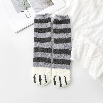 Gray stripe 1 пара, мягкие флисовые теплые носки с кошачьими ушками, женские зимние утепленные милые носки, домашняя одежда, носки для сна, рождественские носки - Цвет: Gray stripe