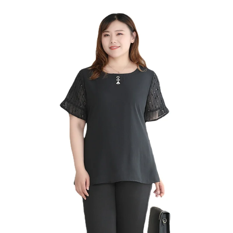 

Thin 4XL To 10XL Oversized Women Blouses Black Chiffon Shirts Sequined Short Sleeve Black Loose Casual Tops Blusas Mujer T61027