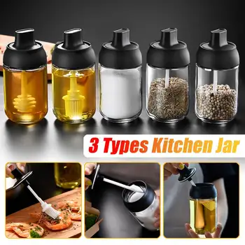 

3 Types Glass Seasoning Container Oil Honey Dispenser Bottle With Spoon Brush Honey Rod Multifunctional Seasoning Storage