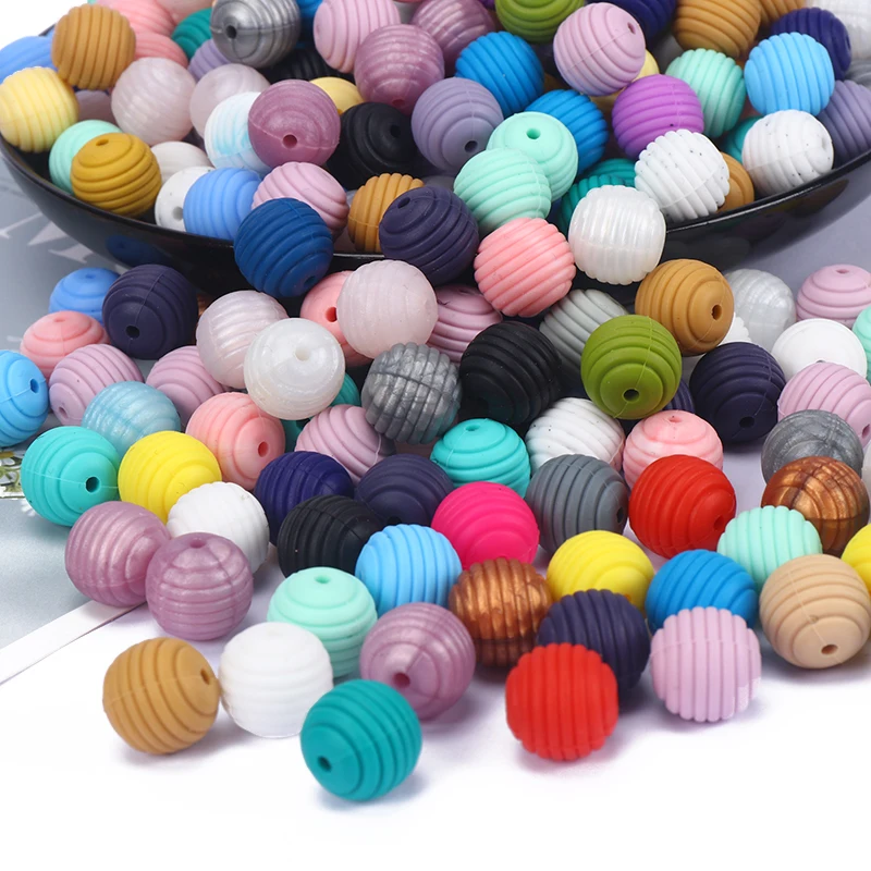

15mm 40Pcs Baby Teething Round Spiral Beads Food Grade Beads DIY Threaded BPA Free Beads Baby Teethers Silicone Beads