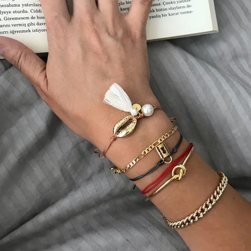 

6 Pcs/Set Bohemian Gold Color Shell Tassel Bracelet Set for Women Fashion Pearl Lock Rope Chain Bangle Bracelet Jewlery Gifts
