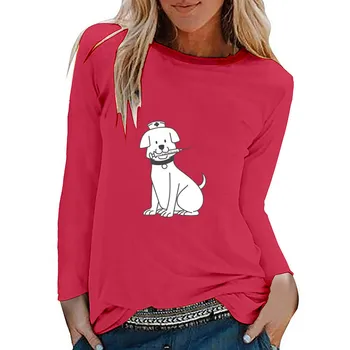 

2020 Woman Tshirts Femme Cute Dog Nurse Nurse's Day Graphic T Shirts O-Neck Long Sleeve Tees Winter Clothes Casual kawaii shirt