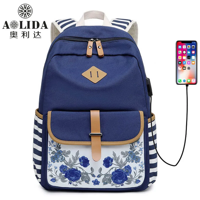 

2019 New Style Canvas Backpack Large Capacity Retro Printed Middle School Students School Bag Cross Border Casual Computer Backp