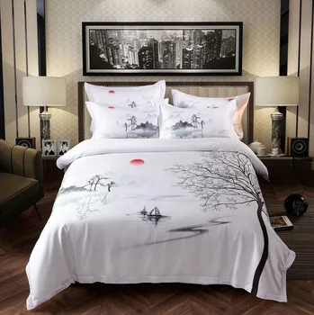 

White Gray Chinoiserie Art Print Hotel Bedding set 600TC Egyptian Cotton Soft Duvet cover Bed Sheet Pillowcases Queen King 4Pcs